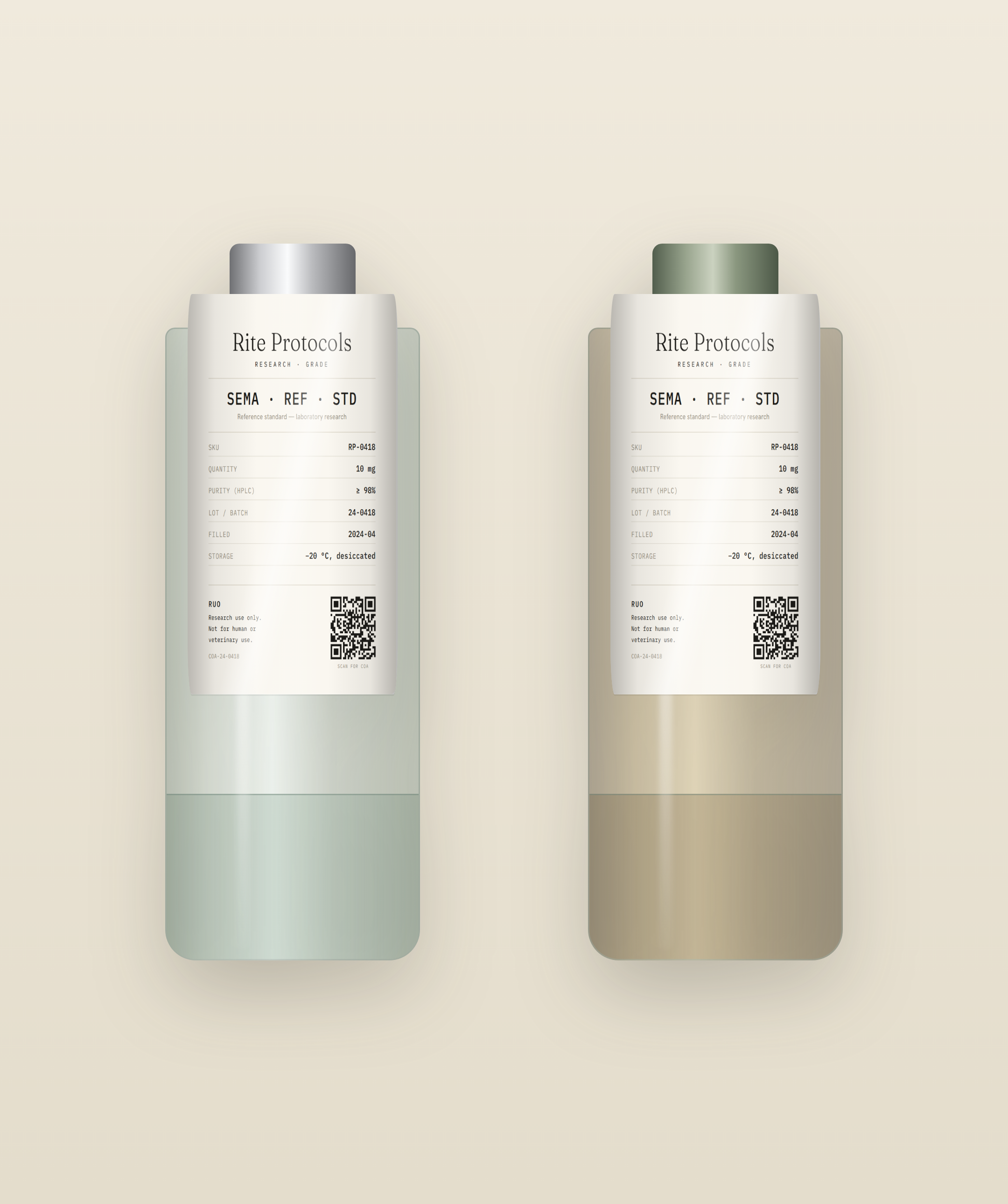 Rite Protocols label rendered on a clear glass vial